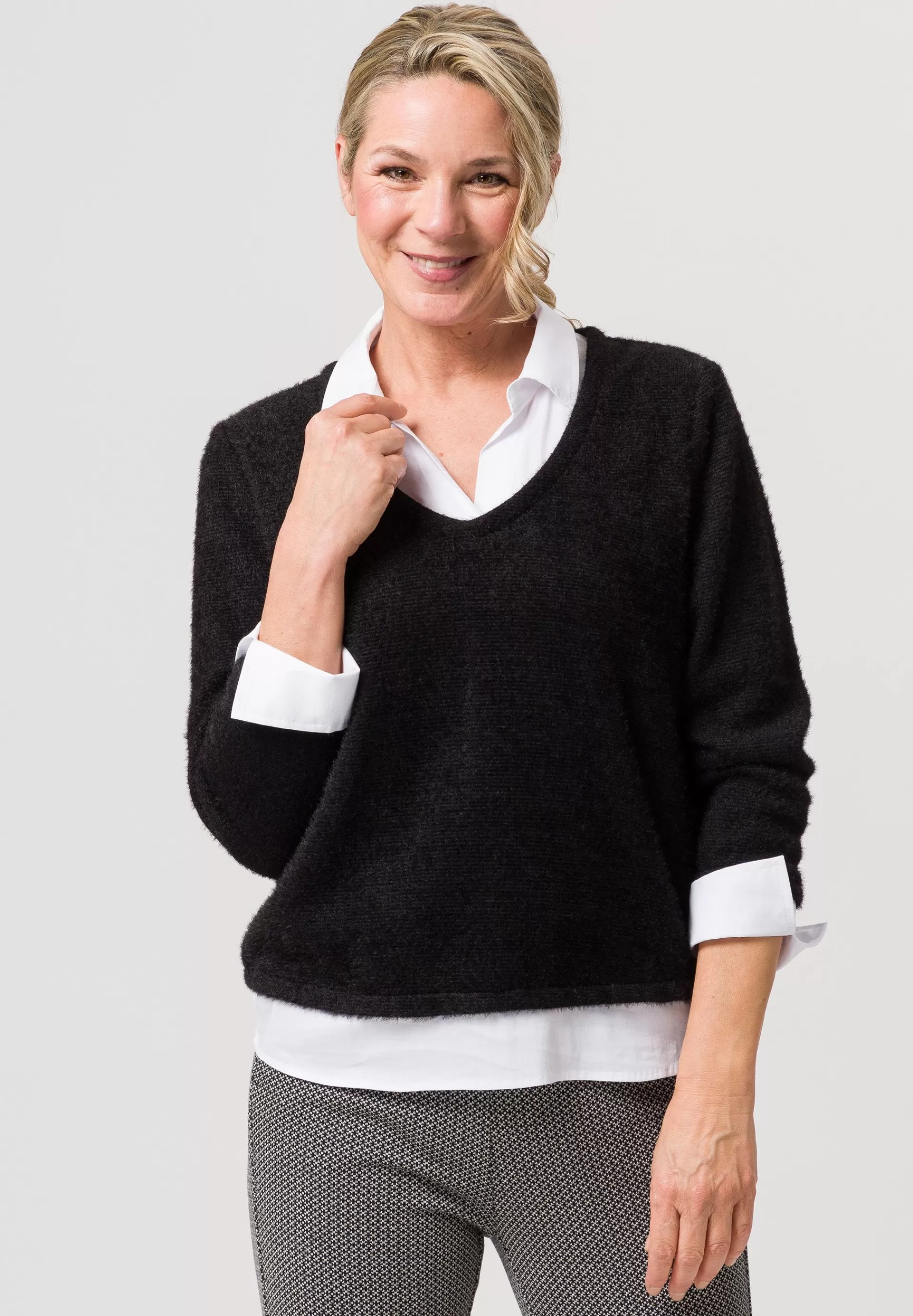 FRANK WALDER Strickpullover im Two-in-One-Look schwarz Sale